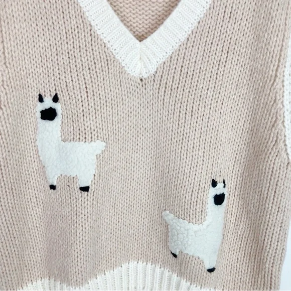 Women's V-Neck Sweater Vest - Cream/Taupe with Llama Design - Picture 3 of 7